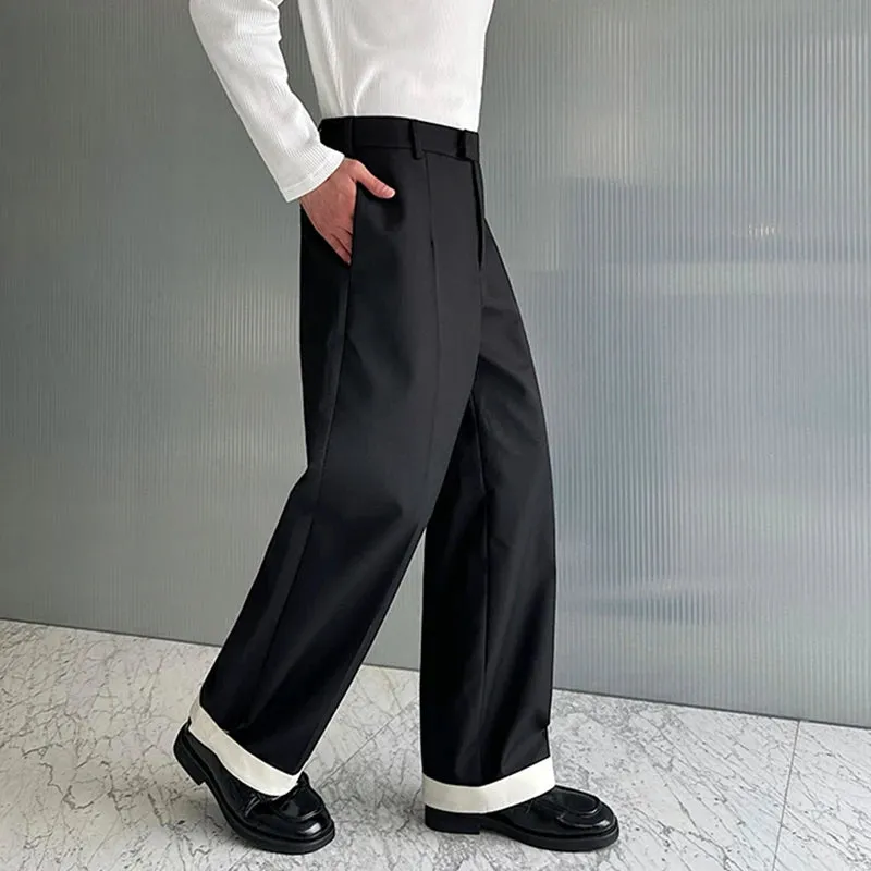 Autumn Wide Leg Suit Pants Men Contrast Color Cuffed Hidden Buckle Design Personalized Versatile Straight Pants 9C7057