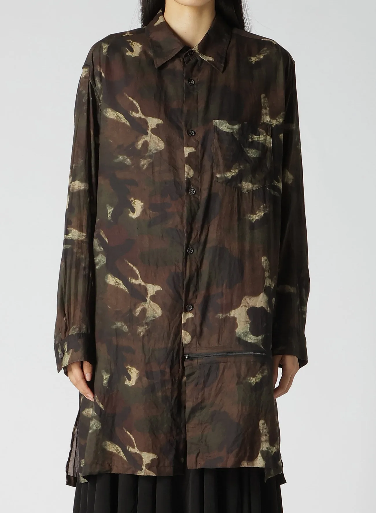 CAMOUFLAGE PATTERN VIYELLA LEFT FRONT ZIPPER SLIT SHIRT