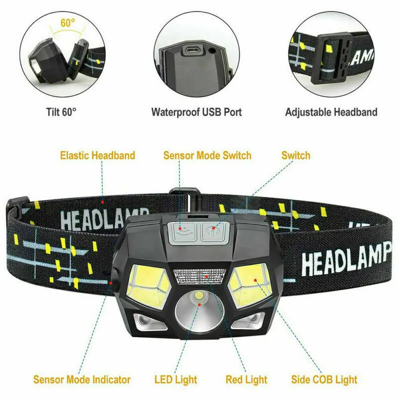 Head Torch LED Headlight COB Camping Headlamp USB Rechargeable