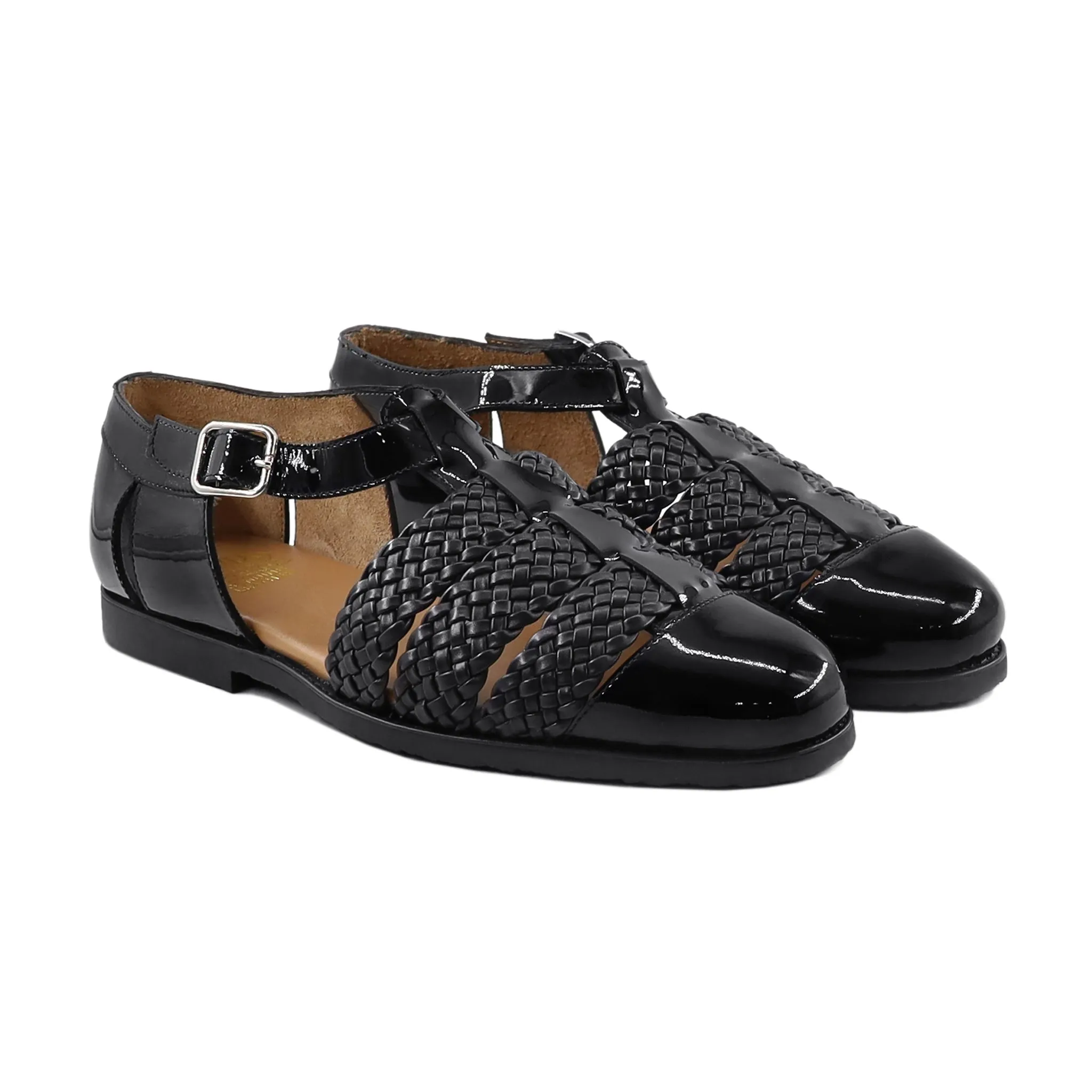 Hector - Men's Black Hand Woven Calf and Patent Leather Sandal