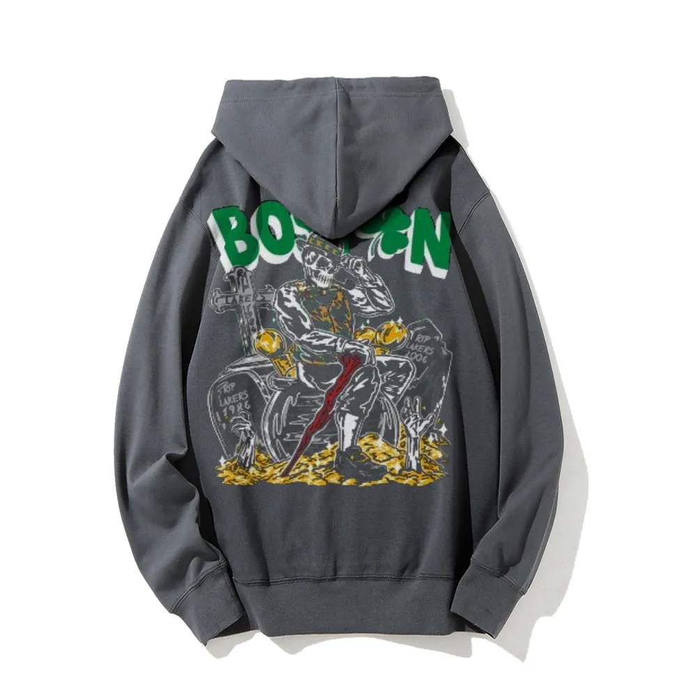 Mens Vintage Boston Print Graphic Pullover With Kangaroo Pocket Hoodies