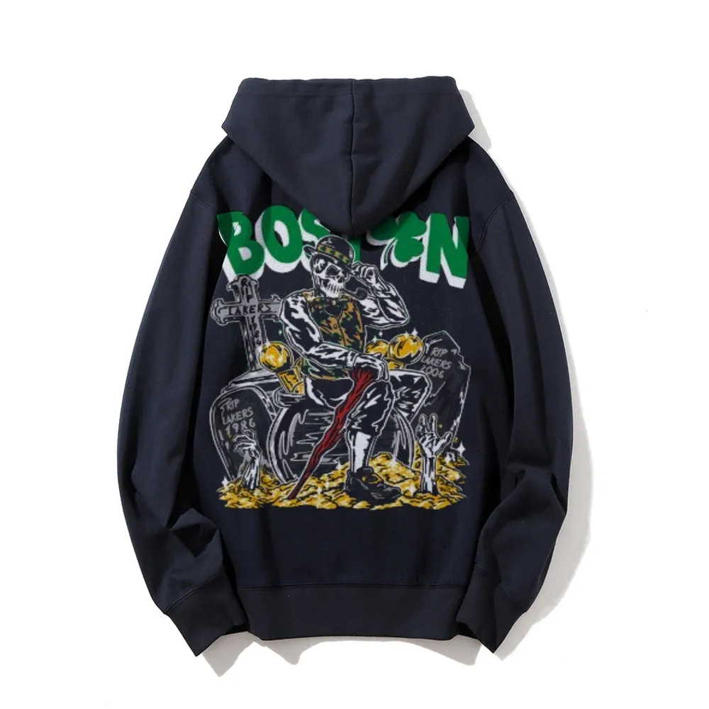 Mens Vintage Boston Print Graphic Pullover With Kangaroo Pocket Hoodies