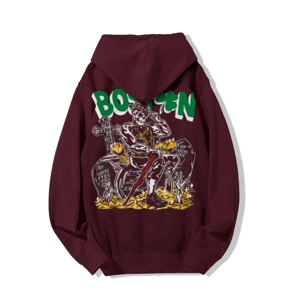 Mens Vintage Boston Print Graphic Pullover With Kangaroo Pocket Hoodies