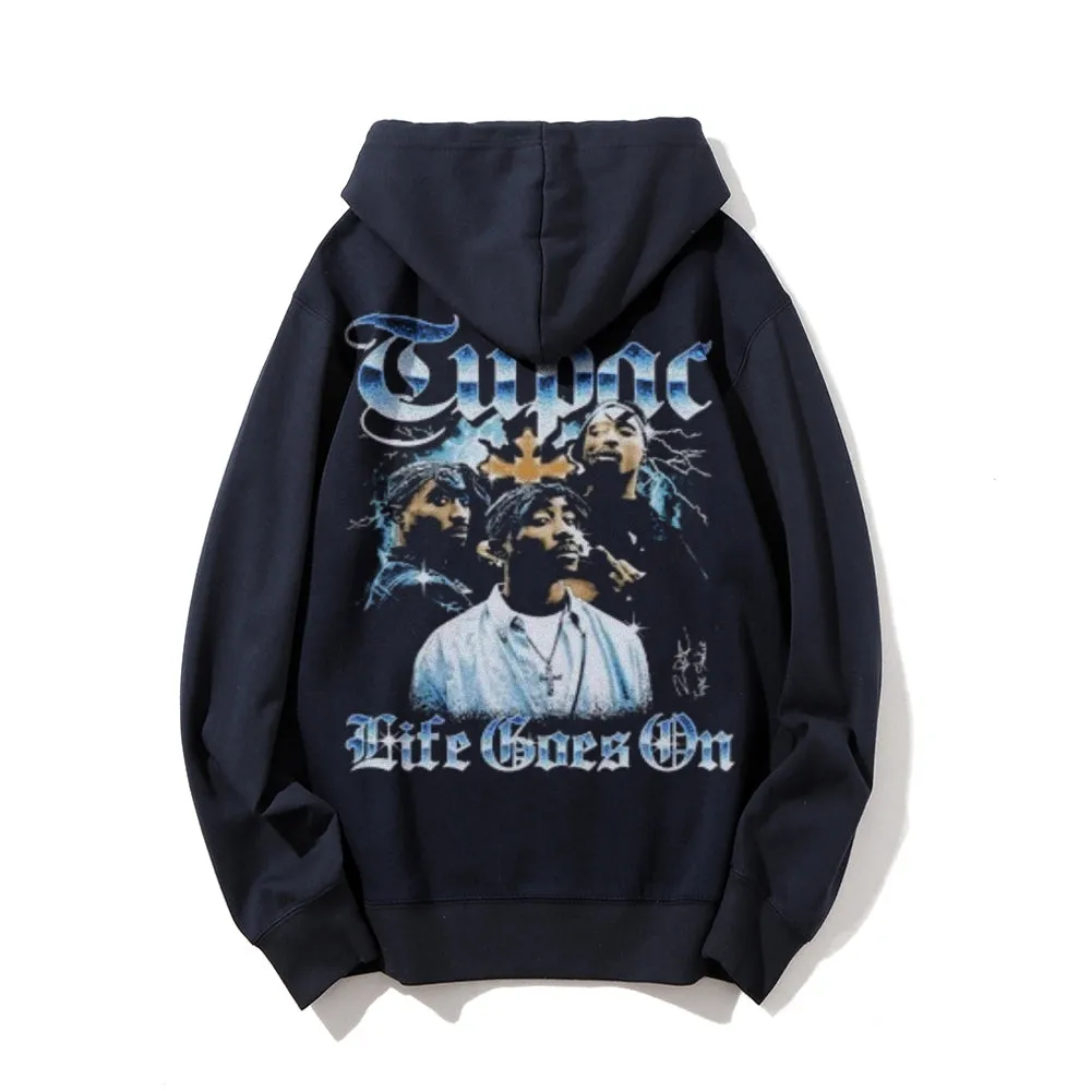 Mens Vintage Tupac Life Goes On Print Graphic Pullover With Kangaroo Pocket Hoodies