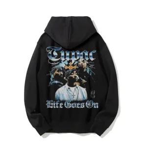 Mens Vintage Tupac Life Goes On Print Graphic Pullover With Kangaroo Pocket Hoodies