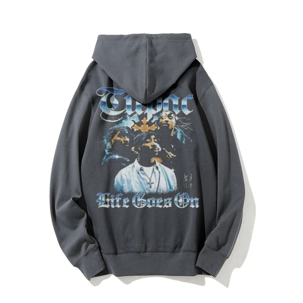 Mens Vintage Tupac Life Goes On Print Graphic Pullover With Kangaroo Pocket Hoodies