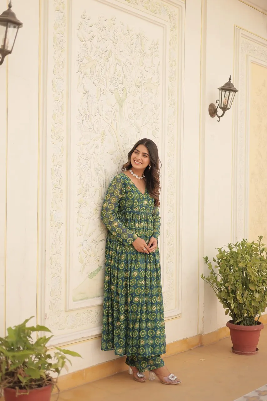 Rama Green Faux Georgette Foil Print Readymade Top with Pant Set