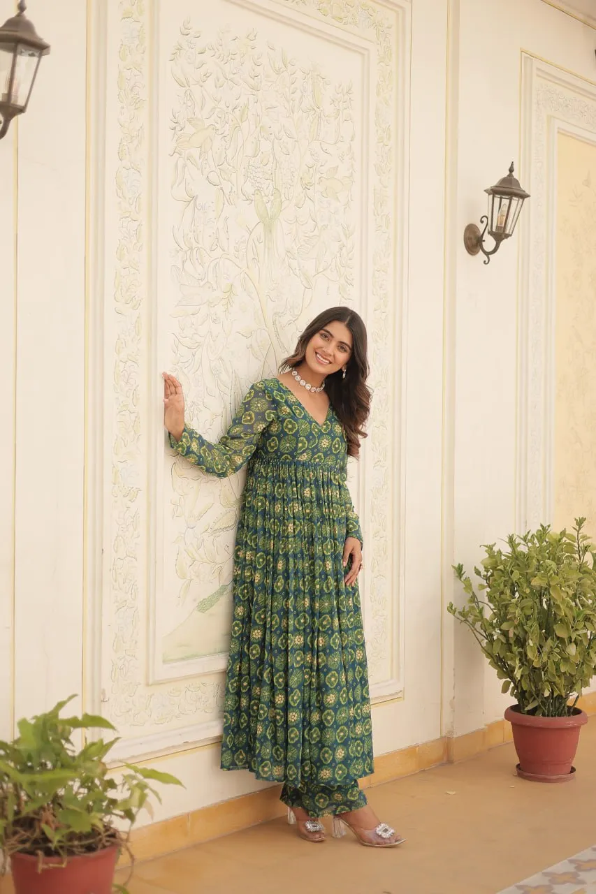 Rama Green Faux Georgette Foil Print Readymade Top with Pant Set