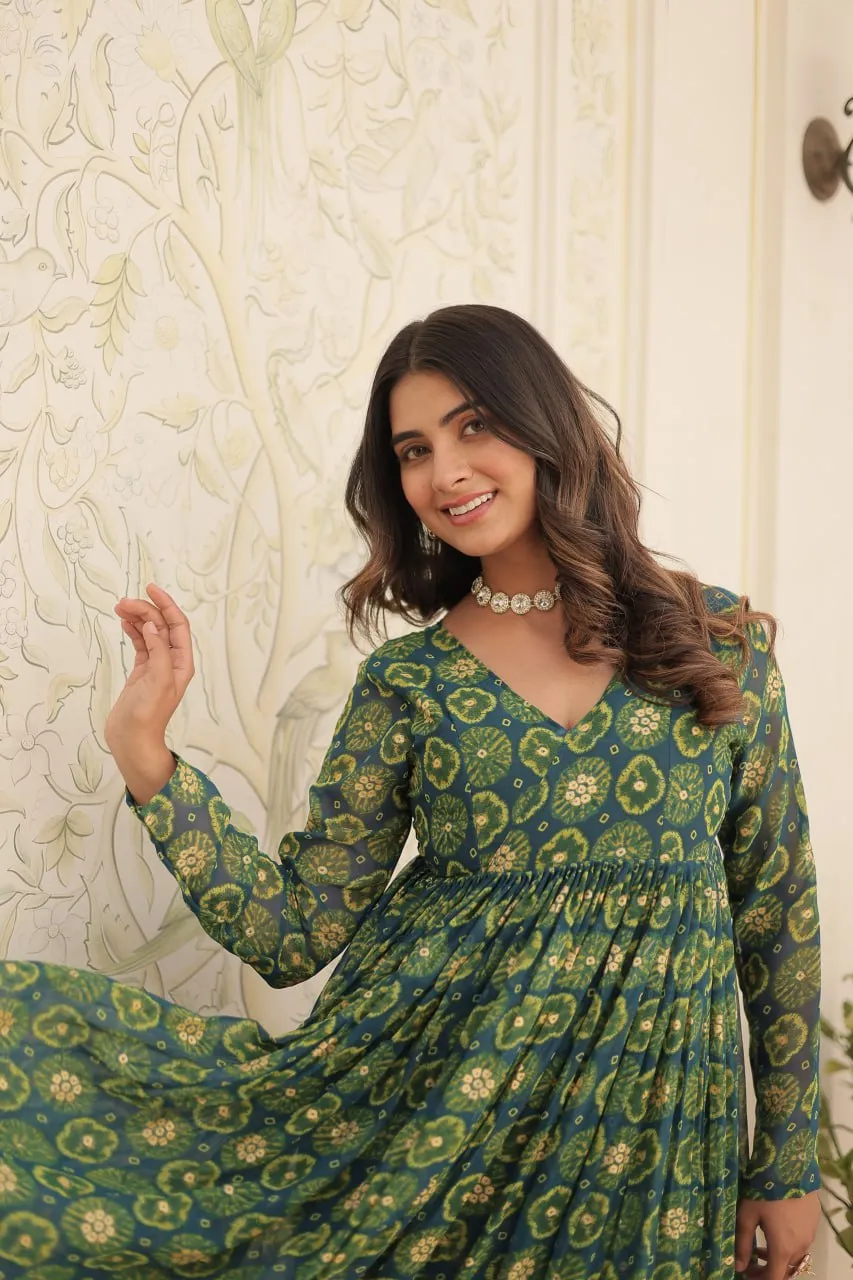 Rama Green Faux Georgette Foil Print Readymade Top with Pant Set