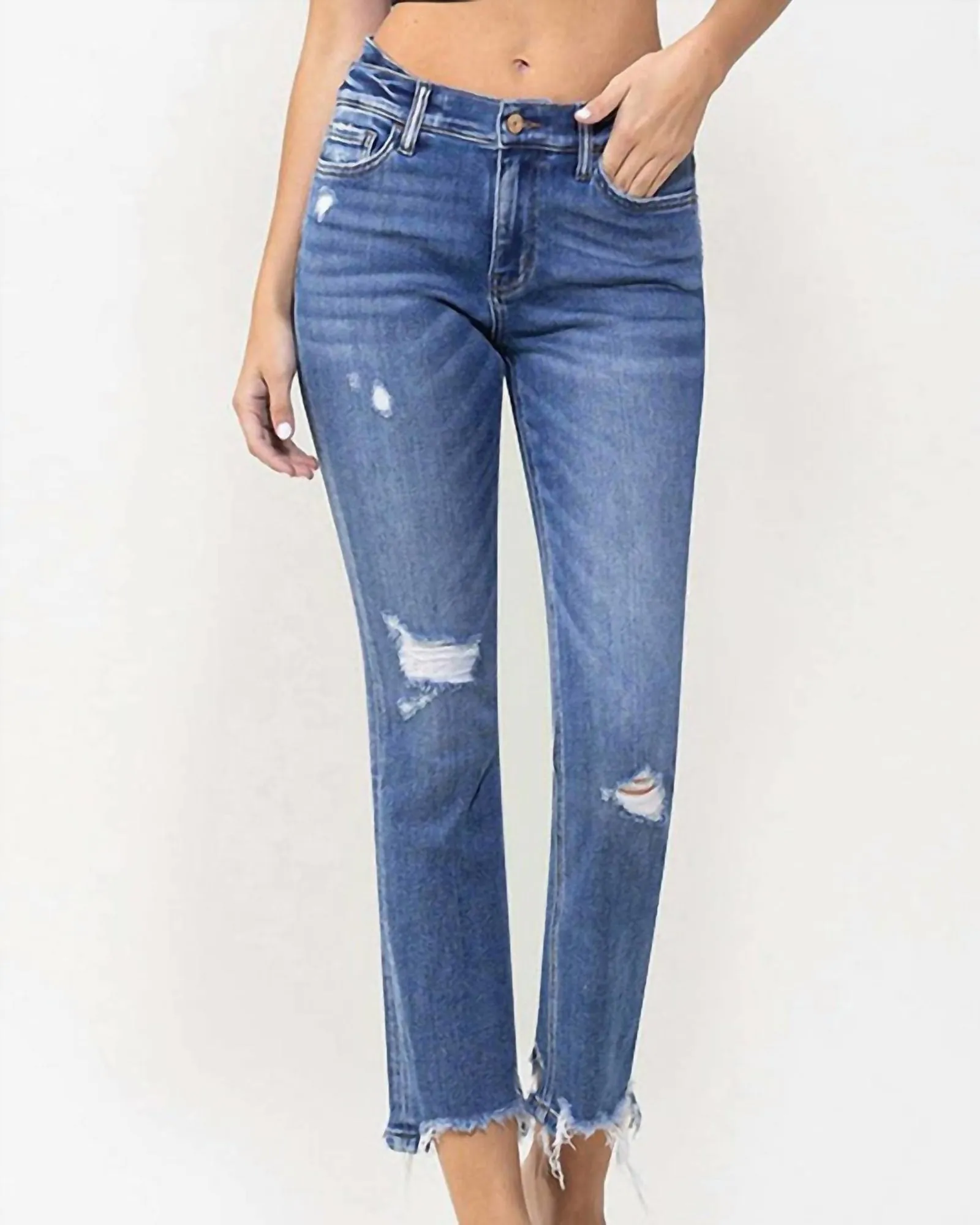 Shay Layered Waistband Mid Rise Crop Flare in Blue Denim | Blue Denim