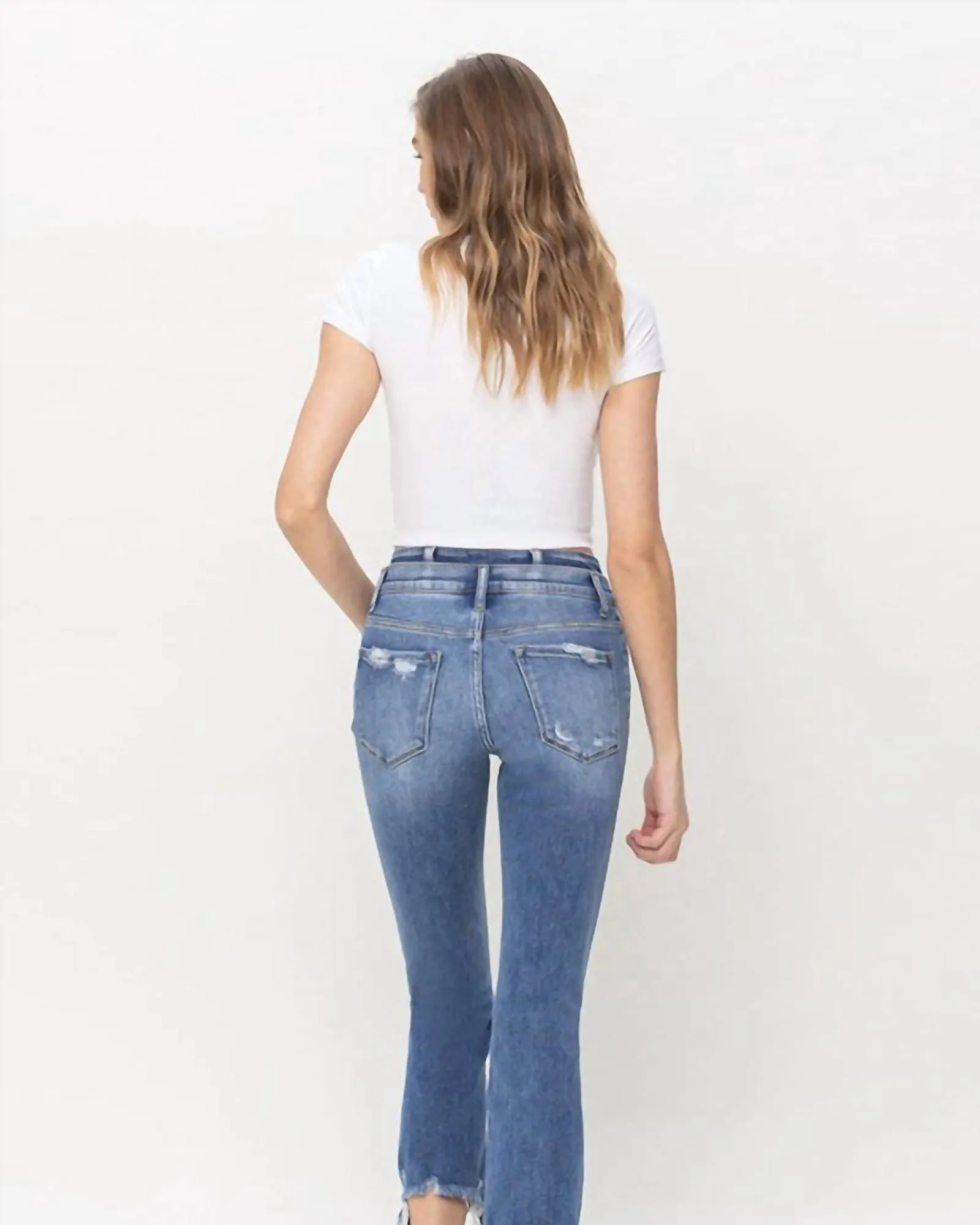 Shay Layered Waistband Mid Rise Crop Flare in Blue Denim | Blue Denim