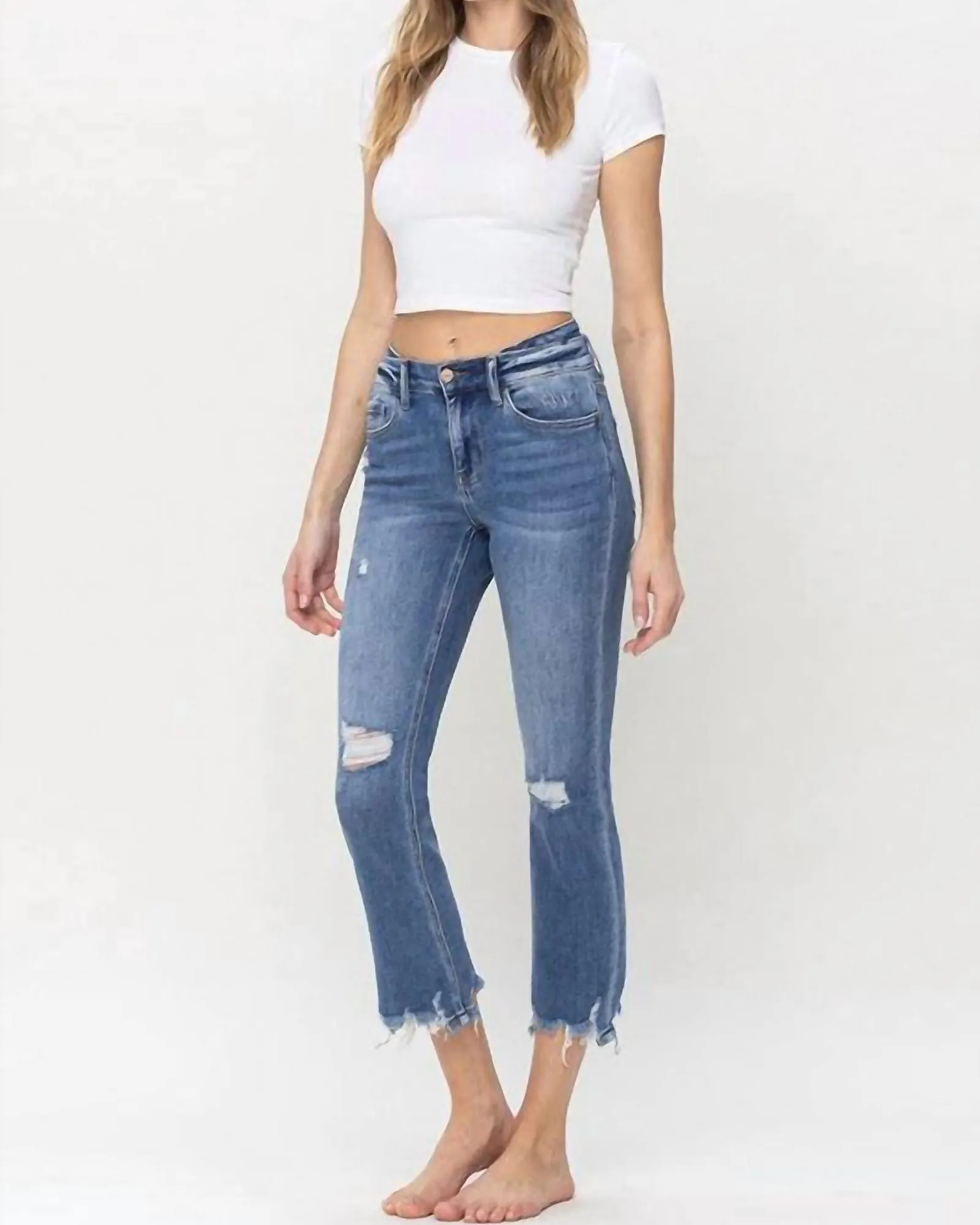 Shay Layered Waistband Mid Rise Crop Flare in Blue Denim | Blue Denim