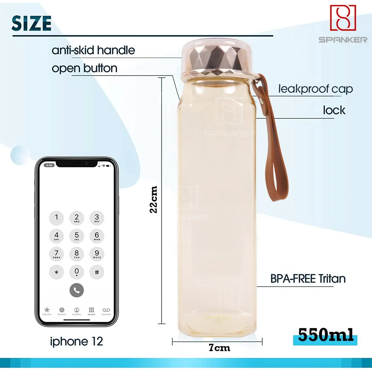 Spanker Crystal Tritan Hand Bag Water Bottle for Adults and Kids Water Spill Proof , BPA Free for Kids School, Office, Home, Soft Handle Grip Drinkware 550 ML - SSTP