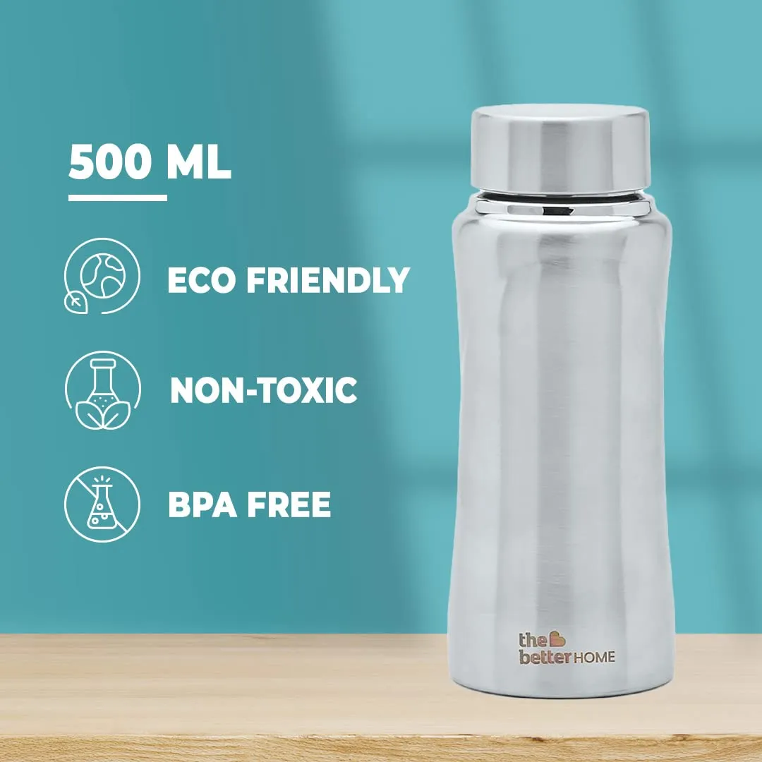 The Better Home Stainless Steel Water Bottle 500ml | Rust Proof, Light Weight & Durable 500ml Water Bottle | Silver (Pack of 2)