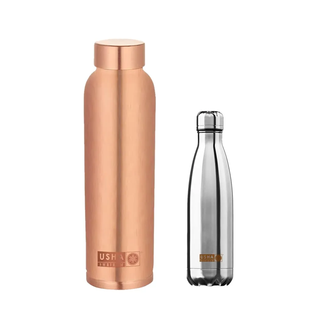 USHA SHRIRAM Copper(950ml) & Insulated Stainless Steel Water Bottle(500ml) | Food Grade | Water Bottle for Home, Office & Kids | Hot for 18Hours, Cold for 24Hours | Rust-Free, Leak-Proof | Pack of 2