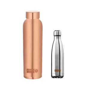 USHA SHRIRAM Copper(950ml) & Insulated Stainless Steel Water Bottle(500ml) | Food Grade | Water Bottle for Home, Office & Kids | Hot for 18Hours, Cold for 24Hours | Rust-Free, Leak-Proof | Pack of 2