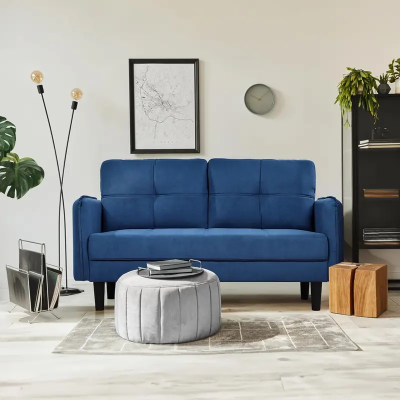 Faux Lambswool Blue 2-Seater Sofa – Textured Mid-Century Inspired Lounge Chair 1
