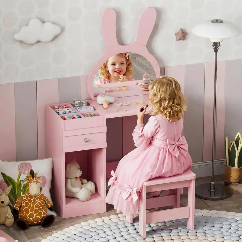 Joolihome Kids’ Bunny-Ear Mirror Dressing Table With Storage 1