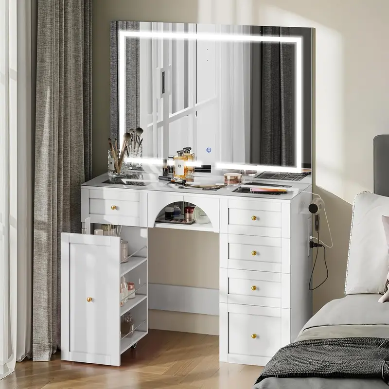 Joolihome Led Vanity Desk With 3-Tier Rolling Storage Trolley 1