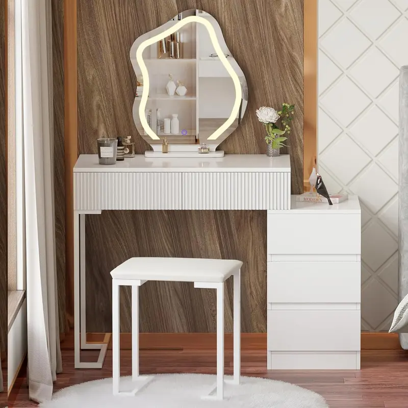 Joolihome Modern Vanity Desk With 3-Color Led Mirror And Five Drawers 1