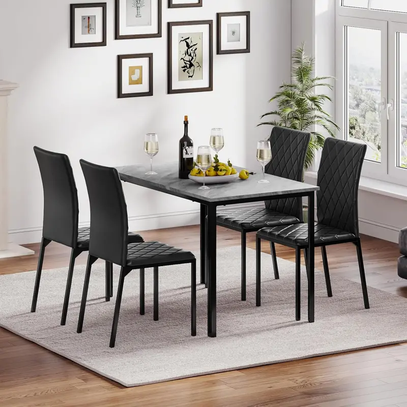 Marble-Effect Dining Table Set Including Four Ergonomic Chairs 1