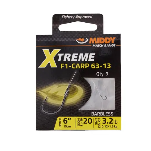 Middy Xtreme F1 Carp Barbless Hooks (Sizes 63–13), Pre-Tied To Nylon 1