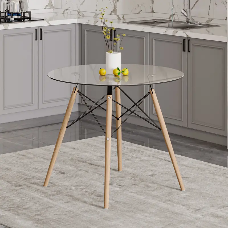 Solid Beech-Legged Glass Dining Table – Natural Wood And Tempered Glass Combination 1